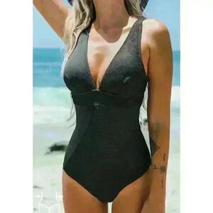 Ribbed Plunge Crossback Tummy Control One Piece Swimsuit Black NWT Size XL